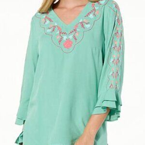 Colleen Lopez Floral Embroidered Cream Sand Brown Neutral Tunic Ruffle Sleeve XS